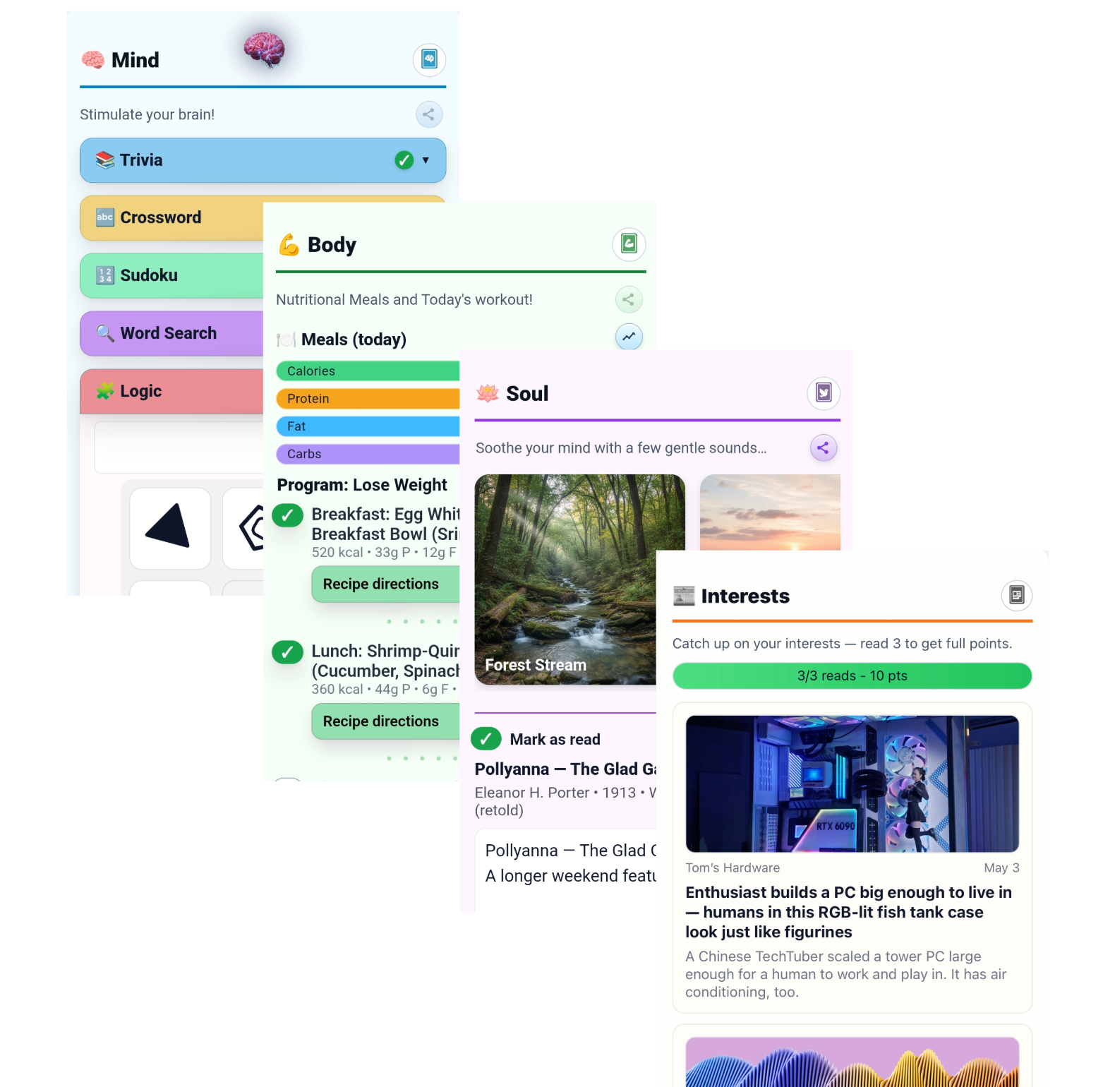 Daily ThriveChamp flow from Mind, Body, Soul, and Interests to the ThriveScore
